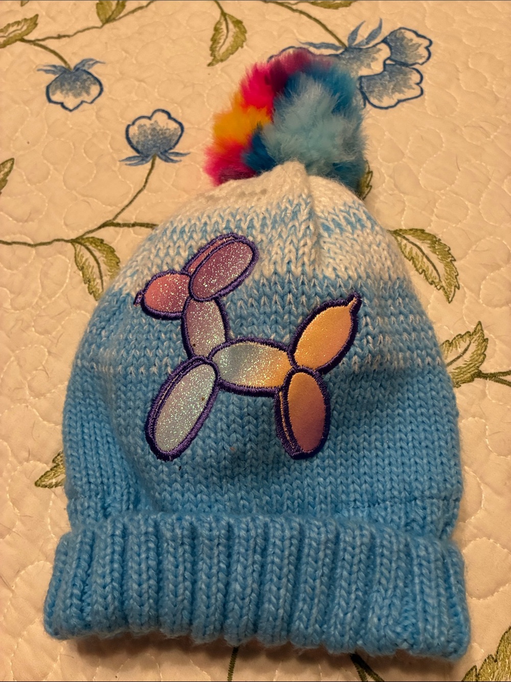 Kids Light Blue Pom-Pom Beanie with Balloon Dog Patch